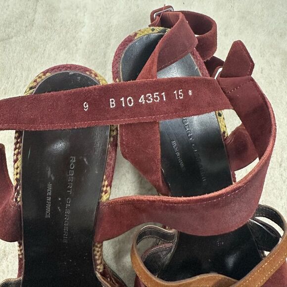 Robert Clergerie Burgundy Red Suede Plaid Platform Strappy Heel Sandals Size 39 - Picture 9 of 11